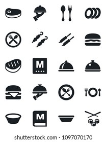 Set of vector isolated black icon - spoon and fork vector, dish, cafe, menu, plates, waiter, steak, kebab, hamburger, bowl, sushi