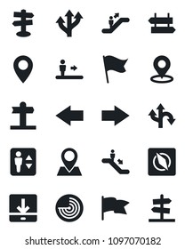 Set of vector isolated black icon - elevator vector, escalator, signpost, right arrow, left, radar, route, pin, download, place tag, compass, flag, guidepost