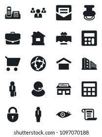 Set of vector isolated black icon - lock vector, manager, team, house, eye, store, support, warehouse storage, calculator, mail, network, office phone, stamp, building, restaurant table, cart, case