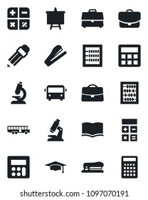 Set of vector isolated black icon - airport bus vector, book, calculator, graduate, abacus, presentation board, microscope, case, pencil, stapler