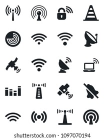 Set of vector isolated black icon - antenna vector, wireless notebook, border cone, radar, satellite, equalizer, mute, lock