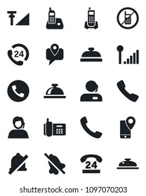 Set of vector isolated black icon - phone vector, no mobile, reception bell, office, 24 hours, support, tracking, radio, call, mute, cellular signal
