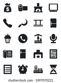Set of vector isolated black icon - alarm clock vector, phone, abacus, money bag, well, sickle, film frame, tv, video camera, microphone, call, office, fireplace, outdoor lamp, fridge, sand