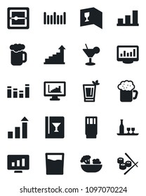 Set of vector isolated black icon - growth statistic vector, monitor, barcode, equalizer, scanner, statistics, bar graph, alcohol, wine card, drink, cocktail, phyto, beer, salad, sushi