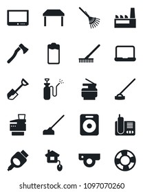 Set of vector isolated black icon - shovel vector, rake, hoe, axe, garden sprayer, tv, radio phone, speaker, battery, hdmi, notebook pc, copier, table, factory, home control, web camera