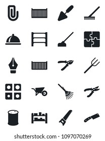 Set of vector isolated black icon - trowel vector, farm fork, rake, wheelbarrow, pruner, saw, hoe, cargo container, oil barrel, rack, application, paper clip, ink pen, dish, knife