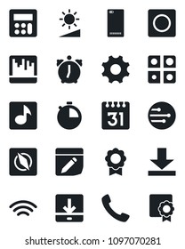 Set of vector isolated black icon - phone back vector, call, settings, calculator, alarm, stopwatch, record, scanner, network, calendar, notes, download, wireless, brightness, compass, music