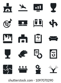 Set of vector isolated black icon - arrival vector, statistic monitor, document reload, glove, blood test vial, pulse clipboard, route, fragile, railroad, scanner, music, application, meeting