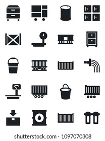Set of vector isolated black icon - checkroom vector, bucket, watering, railroad, truck trailer, cargo container, consolidated, package, oil barrel, heavy scales, archive box, water filter