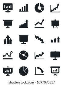Set of vector isolated black icon - growth statistic vector, presentation board, crisis graph, monitor, circle chart, bar, pie, point, arrow up