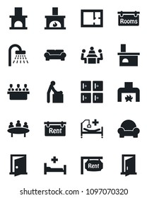 Set of vector isolated black icon - baby room vector, shower, checkroom, meeting, fireplace, hospital bed, plan, rent, rooms, cushioned furniture, door