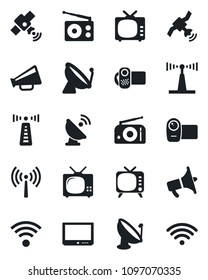 Set of vector isolated black icon - antenna vector, satellite, radio, loudspeaker, tv, video camera, wireless