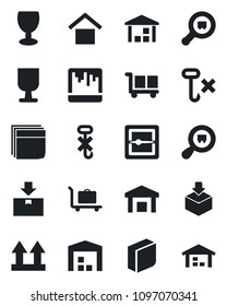 Set of vector isolated black icon - baggage trolley vector, fragile, cargo, warehouse storage, up side sign, no hook, package, search, scanner, blank box