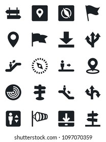 Set of vector isolated black icon - elevator vector, escalator, signpost, wind, radar, route, pin, download, place tag, compass, flag, guidepost