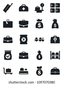 Set of vector isolated black icon - suitcase vector, baggage conveyor, trolley, larry, luggage storage, scales, checkroom, case, money bag, fertilizer, doctor