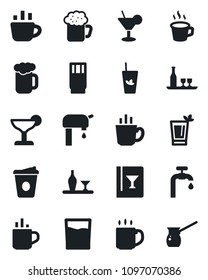 Set of vector isolated black icon - hot cup vector, coffee, water supply, alcohol, wine card, drink, cocktail, phyto bar, beer, turkish