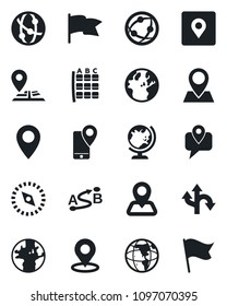 Set of vector isolated black icon - globe vector, seat map, route, navigation, earth, pin, mobile tracking, network, place tag, compass, flag