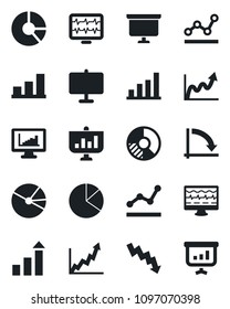 Set of vector isolated black icon - growth statistic vector, presentation board, crisis graph, circle chart, monitor pulse, statistics, bar, pie, point
