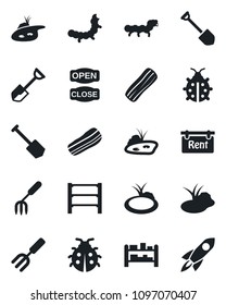 Set of vector isolated black icon - job vector, garden fork, shovel, lady bug, caterpillar, pond, rack, rent, bacon, open close, rocket