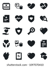 Set of vector isolated black icon - heart vector, pulse, diagnosis, blood pressure, diagnostic, shield, hand, real, medical calendar, clipboard, sweet home