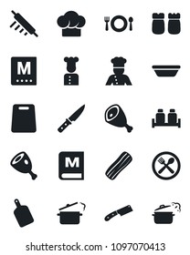 Set of vector isolated black icon - cook vector, cafe, hat, menu, bacon, salt and pepper, ham, bowl, rolling pin, cutting board, knife, steaming pan