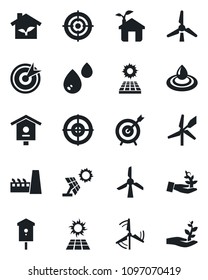 Set of vector isolated black icon - bird house vector, target, sun panel, windmill, factory, eco, water, palm sproute
