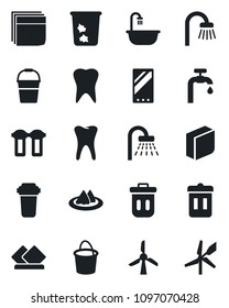 Set of vector isolated black icon - trash bin vector, shower, bucket, tooth, mobile, blank box, water supply, bathroom, serviette, filter, windmill