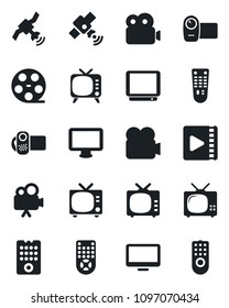 Set of vector isolated black icon - tv vector, reel, satellite, video camera, remote control, monitor