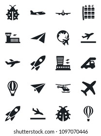 Set of vector isolated black icon - departure vector, arrival, ladder car, plane, helicopter, seat map, globe, airport building, lady bug, rocket, paper, air balloon