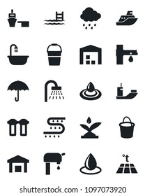Set of vector isolated black icon - shower vector, bucket, water drop, rain, drip irrigation, sea shipping, port, umbrella, warehouse, pool, supply, bathroom, filter, warm floor