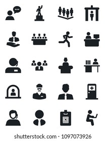 Set of vector isolated black icon - security gate vector, reception, medical room, pedestal, team, manager place, run, doctor, support, client, speaker, identity card, desk, meeting, estate agent