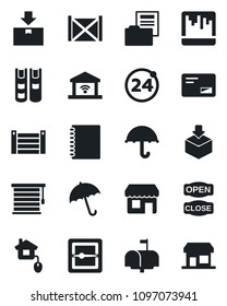 Set of vector isolated black icon - 24 around vector, umbrella, container, package, mail, scanner, copybook, document folder, book, mailbox, open close, home control, jalousie, garage gate