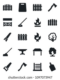 Set of vector isolated black icon - fence vector, tree, saw, fire, hoe, axe, abacus, table, alcove, cutting board