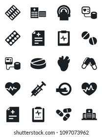 Set of vector isolated black icon - heart pulse vector, diagnosis, syringe, blood pressure, pills, blister, tomography, real, clipboard, hospital