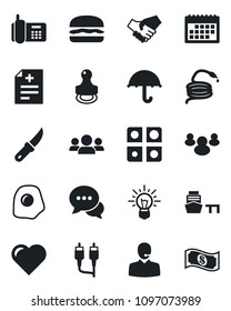 Set of vector isolated black icon - hose vector, garden knife, heart, diagnosis, office phone, sea port, umbrella, dialog, group, rca, application, calendar, support, stamp, hamburger, omelette