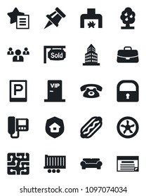 Set of vector isolated black icon - parking vector, case, team, truck trailer, favorites list, lock, drawing pin, office building, fruit tree, sold signboard, cushioned furniture, fireplace, phone