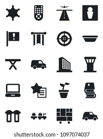 Set of vector isolated black icon - airport tower vector, runway, male, baggage larry, office building, seedling, picnic table, important flag, consolidated cargo, remote control, laptop pc, target