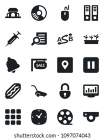 Set of vector isolated black icon - office binder vector, document search, mouse, circle chart, lawn mower, seedling, syringe, route, reel, pause button, menu, clock, bell, place tag, lock, sale