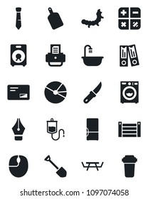 Set of vector isolated black icon - calculator vector, office binder, mouse, job, printer, garden knife, caterpillar, picnic table, dropper, container, speaker, mail, pie graph, ink pen, tie, washer
