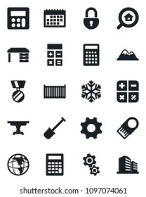 Set of vector isolated black icon - calculator vector, medal, desk, shovel, cargo container, settings, lock, calendar, mountains, estate search, table, snowflake, gear, usb flash, earth