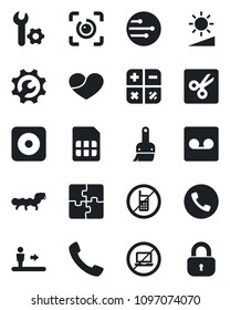Set of vector isolated black icon - escalator vector, phone, no mobile, laptop, calculator, caterpillar, heart, rec button, call, themes, record, sim, network, brightness, cut, eye id, application