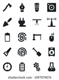 Set of vector isolated black icon - barrier vector, mouse, job, trowel, saw, axe, clock, antenna, remote control, speaker, battery, mobile camera, fingerprint id, ink pen, power plug, gear, flask