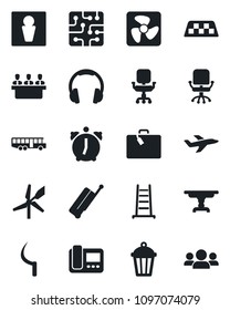Set of vector isolated black icon - taxi vector, suitcase, airport bus, male, office chair, ladder, sickle, garden light, plane, headphones, alarm, meeting, table, chip, fan, intercome, windmill