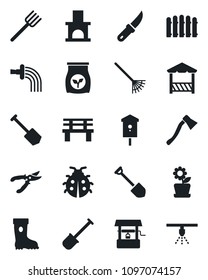 Set of vector isolated black icon - job vector, shovel, farm fork, fence, rake, watering, pruner, boot, lady bug, well, garden knife, axe, bench, fireplace, bird house, fertilizer, flower in pot