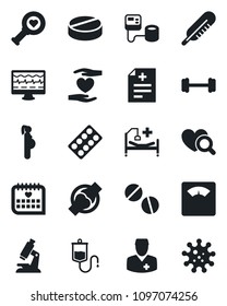 Set of vector isolated black icon - monitor pulse vector, diagnosis, blood pressure, dropper, thermometer, heart diagnostic, microscope, scales, pills, blister, barbell, hospital bed, hand, joint