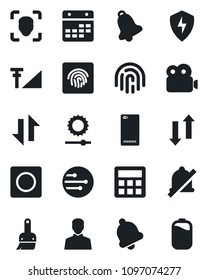 Set of vector isolated black icon - phone back vector, protect, themes, user, calculator, bell, record, network, calendar, data exchange, mute, brightness, face id, fingerprint, video, battery