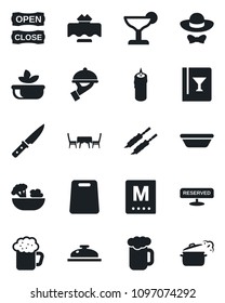Set of vector isolated black icon - restaurant table vector, wine card, menu, reserved, reception, cocktail, beer, salad, waiter, candle, cafe, dress code, open close, kebab, bowl, cutting board