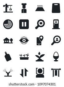 Set of vector isolated black icon - radar vector, medical room, seedling, mobile tracking, search cargo, pause button, data exchange, face id, eye, house with tree, crane, cook, egg stand, consumer