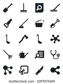 Set of vector isolated black icon - document search vector, shovel, rake, watering can, saw, hoe, garden knife, axe, stethoscope, share, cut, ladle, steaming pan, social media