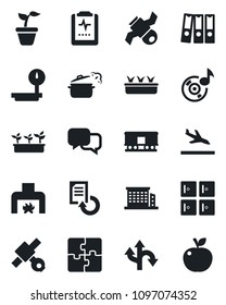 Set of vector isolated black icon - arrival vector, checkroom, document reload, seedling, pulse clipboard, route, satellite, heavy scales, railroad, dialog, music, application, paper binder